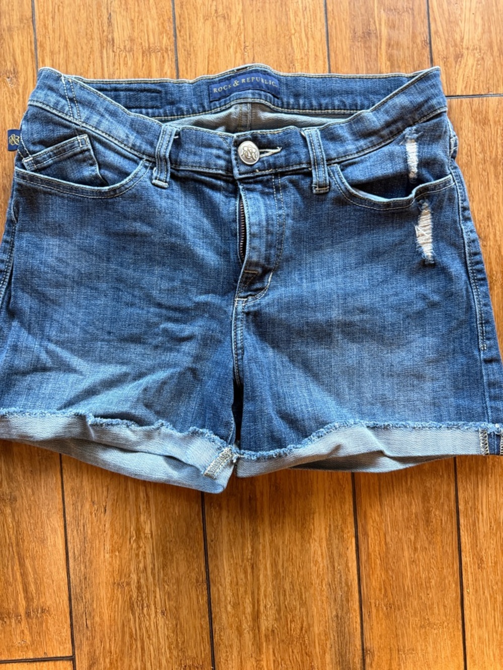 Rock & Republic Blue Rolled-Hem Distressed Denim Shorts